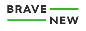 logo firmy BRAVE NEW, czarny napis na szaro- białej szachownicy z dwoma zielonymi kreskami