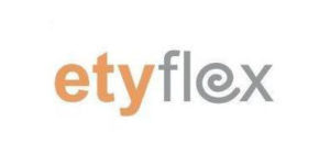 logo firmy etyflex, napis w kolorze pomarańczowo-szarym