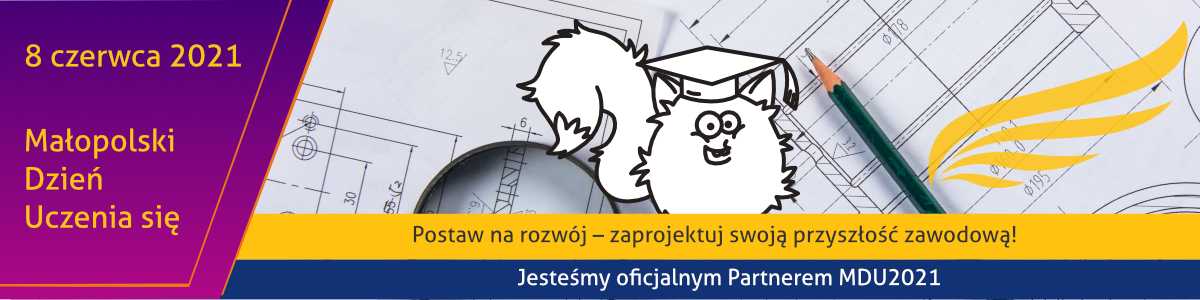 logo programu "postaw na rozwój" przedstawiające białą wiewiórkę w czapce absolwenta, obok ołówek i lupa. Logo w kolorystyce fioletowej z elementami niebieskimi i żółtymi
