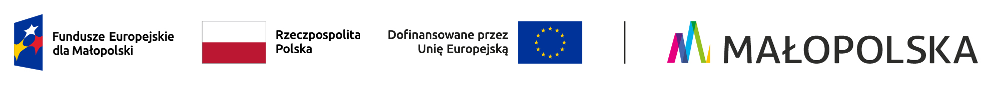 Fundusze Europejskie dla Małopolski - Logotyp Funduszy Europejskich. Znak barw Rzeczypospolitej Polskiej - składa się z barw Rzeczypospolitej Polskiej (sygnetu) oraz nazwy „Rzeczpospolita Polska” (logotypu). Znak Unii Europejskiej to znak złożony z flagi Unii Europejskiej (sygnetu) i napisu „Dofinansowane przez Unię Europejską” (logotypu). Małopolska - logotyp województwa małopolskiego.