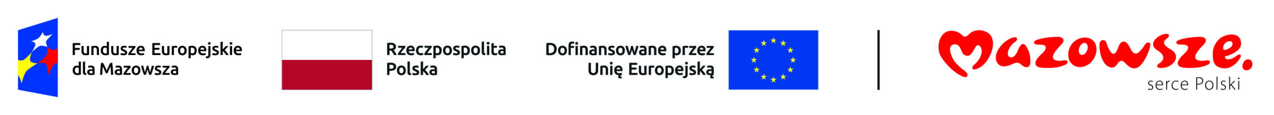 Fundusze Europejskie dla Mazowsza - Logotyp Funduszy Europejskich.
Znak barw Rzeczypospolitej Polskiej - składa się z barw Rzeczypospolitej Polskiej (sygnetu) oraz nazwy „Rzeczpospolita Polska” (logotypu).
Unii Europejskiej to znak złożony z flagi Unii Europejskiej (sygnetu) i napisu „Dofinansowane przez Unię Europejską” (logotypu). 
Mazowsze Serce Polski - logotyp województwa mazowieckiego.